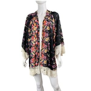 Umgee Cardigan M/L Boho Floral Open Front Kimono Slv Flowy‎ Lace Crochet Trim